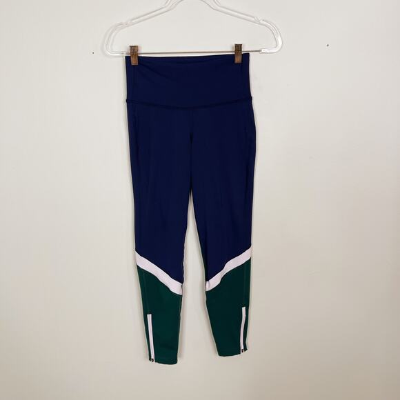 Old Navy Elevate Ankle Zip Colorblock Leggings Navy Blue Green Pink Small Womens - Picture 1 of 8